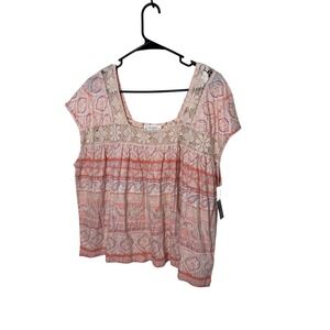 Lucky Brand Boho Paisley Print Crochet Square Neck Top Blouse Women's Medium